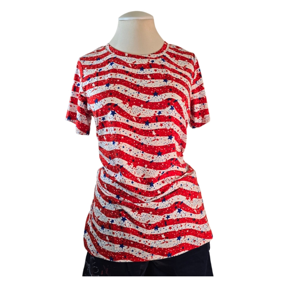 WNEEDU Patriotic Red & White Wavy Striped Shirt With Blue Stars Size S NEW